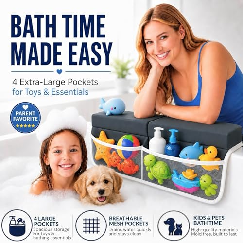 Comfortable Baby Bath Kneeler and Elbow Rest Pad Set, Non-Slip Bathtub Kneeling Pad for Bathing Baby, Bath Tub Cushion Mat, Elbow Pads, Toy Organizer Storage Pockets, Strong Suction Cups (Dark Gray) - color: Dark Gray