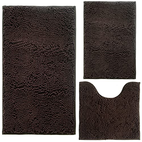 Bathroom Rugs Chenille 3-Piece Extra Soft and Absorbent Shag Bathroom Rugs, Machine Wash Mat, Strong PVC Non-Slip Underside, Plush Carpet Mats (Coffee) - color: Coffee, size: 2'8" x 1'8" (16x24"+20x32"+20x20"U shape）