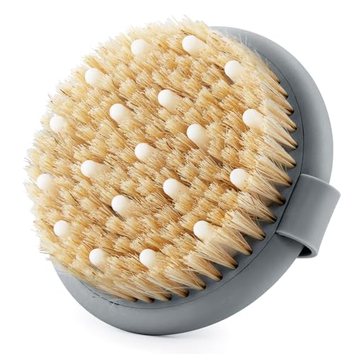 Dry Brushing Body Brush for Massage - Natural Boar Bristle Exfoliating Brush with Massage Nodes for Lymphatic Drainage, Cellulite, Blood Circulation Improving Skin Health for Women Men Elderly(Grey) - size: Round 4.3 in-Grey