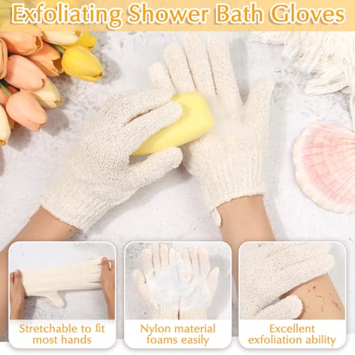 Anezus Exfoliating Back Scrubber Bath Gloves Set, Exfoliating Shower Towel with Shower Gloves for Body Scrub, Back Cleaner Wash Gloves to Remove Dead Skin (Beige) - color: Beige