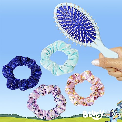 Bluey Hair Accessory 5 Pcs Set - 1 Regular 9 inch Bluey HairBrush For Girls + 4 Bluey Scrunchies For Kids - Accessories For Girls - Detangling Brush - Elastic Hair Ties Ropes Scrunchies Ages 3+ - color: Bluey 5 Piece Hair Accessories