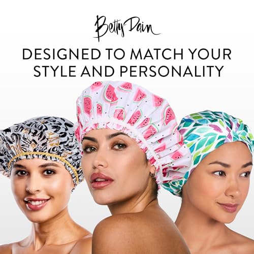Betty Dain Reusable Bath and Shower Cap, Oversized Waterproof Shower Cap for All Hair Lengths, Frosted PEVA Lining, Elastic Stretch Hem, Ruched with Satin Bow, Cherry Bomb - color: Cherry Bomb