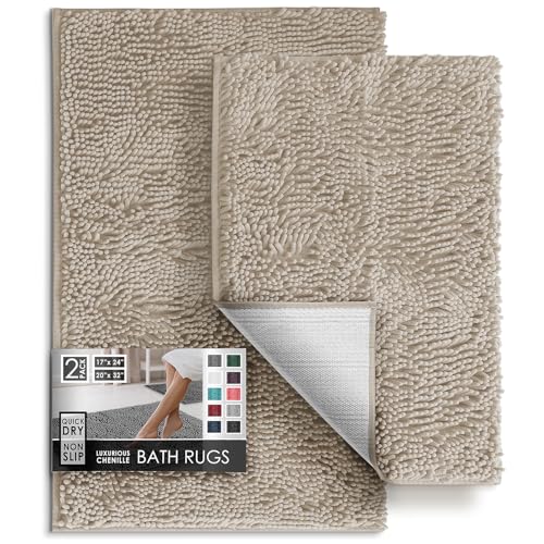 Hearth & Harbor Bathroom Rugs, Chenille Bath Mat - Machine Washable Bath Mats for Bathroom Non-Slip Backing Rubber, Quick Dry Bathroom Mat - color: Beige, style: 17 x 24 + 20 x 32
