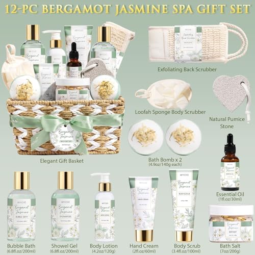 Birthday Gifts for Women, Bergamot Jasmine Relaxing Spa Gift Baskets for Women Self Care Package Bath Gift Set, Home Bath and Body Kit Pampering Christmas Gifts for Womens Her Mom Friend Sister Wife - color: Sage Green-Bergamot Jasmine