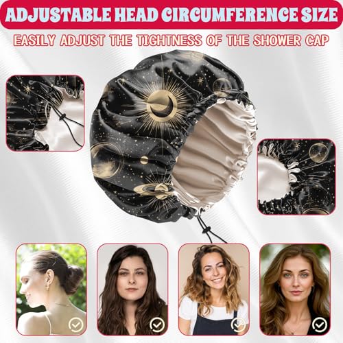 Luxury Shower Cap Satin Lined Reusable Waterproof Double Layer Elastic Adjustable Hair Bath Cap Cute Aesthetic Women Girls-Moon - color: F7-Moon