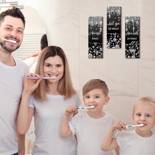 Domensi 3 Pcs Black and Silver Living Room Decorations Glitter Diamond Bathroom Wall Decor Wooden Accept Let Go Have Faith Wall Art Bathroom Decor Black Silver Shiny Drips Hanging Sign for Home Spa