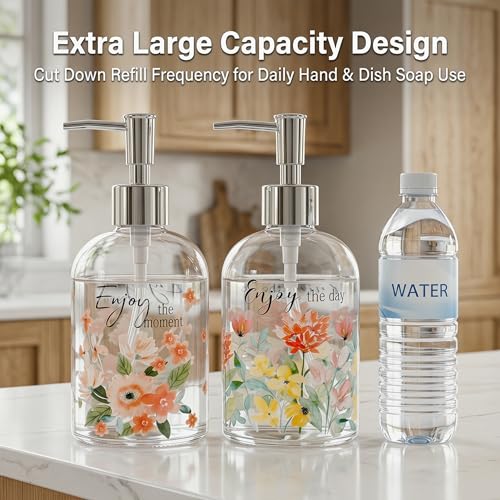 Topadorn Glass Soap Dispenser Set of 2, 17oz Refillable Hand & Dish Soap Dispensers with Pump, Decorative Floral Soap Bottles for Kitchen & Bathroom Counter - color: Pink Soft Pink