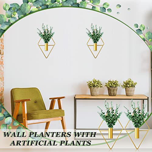 Canlierr 2 Pieces Gold Wall Decor Hanging Planters with Artificial Plants Metal Vase Indoor Plants Holder Modern Geometric Wall Art for Home Bathroom Bedroom Living Room Office(Eucalyptus,Medium) - color: Gold, size: Eucalyptus