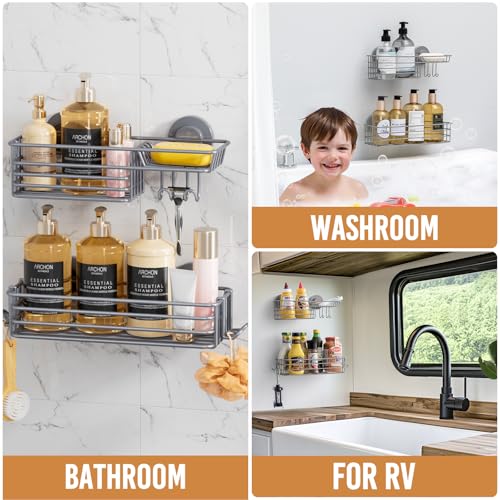 LEVERLOC Suction Cup Shower Caddy, Rustproof Shower Shelves for Inside with Hooks and Soap Holder, 2 Pack No Drill Meatl Bathroom Shower Organizer Grey - color: 2 X Grey