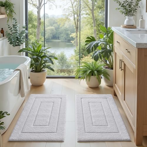 DEXI Bathroom Rug Set 2 Piece 32x20, Non Slip Washable Bath Mat for Shower Floor, Absorbent Soft Bathmat with Rubber Backing, Quick Dry Microfiber Carpet, White