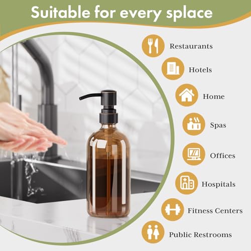 AmazerBath Amber Glass Soap Dispensers, 2 Glass Amber Pump Bottles, 17 Oz Dish Soap Dispenser, Kitchen Bathroom Hand Soap Dispensers for Hand Sanitiser, Shampoo, Lotion, Shower Gel Conditioner - color: Brown