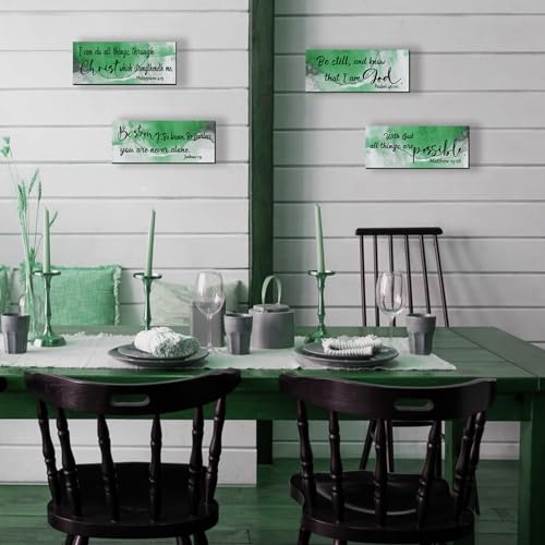 4 Pcs Green Bathroom Decor Christian Wall Art Abstract Bible Verse Wall Decor Rustic Inspirational Wood Bathroom Accessories For Bedroom Kitchen Office(10 x 4 Inches, Green) - color: Green