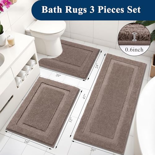 SHACOS Coffee Brown Bathroom Rugs Sets 3 Piece Bath Mat U Shaped Toilet Rug | 20x47+ 20x32+ 20x24, Soft Fluffy Microfiber Bath Rugs Set, Non Slip Washable Absorbent Bathroom Runner Floor Mats Shower Rug - color: Coffee, size: 20"x32"+ 20"x47"+U Shape 20"x