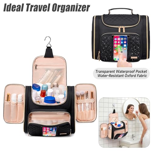 Tealari Large Toiletry Bag for Women Men,Bathroom Bag,Water Resistant Shower Bag,Makeup Bag,Toiletry Bags for Traveling,Hanging Toiletry Bag with Transparent Waterproof Phone Pocket - color: Black