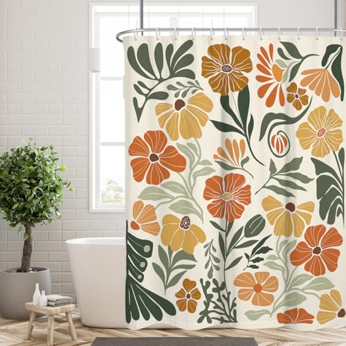 Boho Floral Shower Curtain Cute Colorful Fun Abstract Orange Flower Vintage Bohemian Terracotta Botanical Mid Century Yellow Green Fabric Cloth Bathroom Decor Set 60x72 inch Polyester 12 Hooks - color: Orange, size: 60"W x 72"L (Pack of 1)