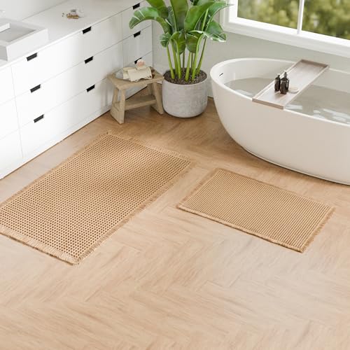 Hiasan Set of 2 Waffle Bath Mat, Super Absorbent Non Slip Bathroom Boho Rug with Tassels, Machine Washable Bath Mats for Bathroom, Ultra Soft Rubber Backed Rug, Brown, 16" x 24" + 24" x 48" - color: Brown, size: 16" x 24" + 24" x 48"