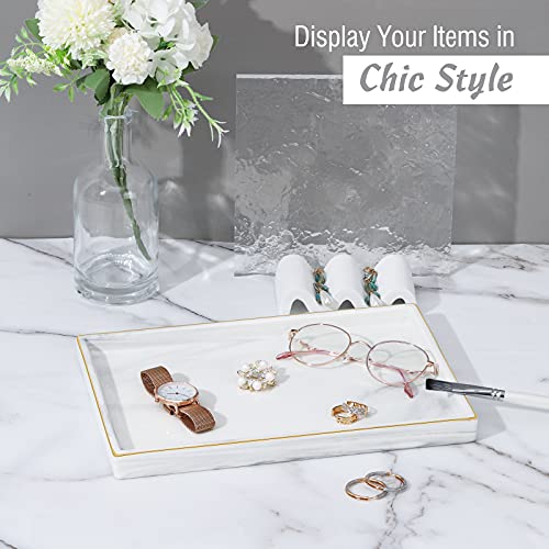 Shinowa Ceramic Vanity Tray, Bathroom Counter Tray Marble Finish Perfume Tray Rectangle Decorative Tray for Vanity Dresser Bathroom Countertop Living Room Kitchen, Large Size - Marble White - style: L-Rectangle