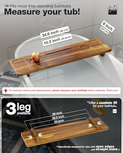 Bathtub Tray, Acacia Bath Tray for Tub, 34.6''x9'' Wooden Bathtub Caddy Tray with Adjustable Legs Fit Various Bathtubs, Anti-Tipping, Sustainable Bath Table with Wine Glass and Tablet Holder - color: Acacia