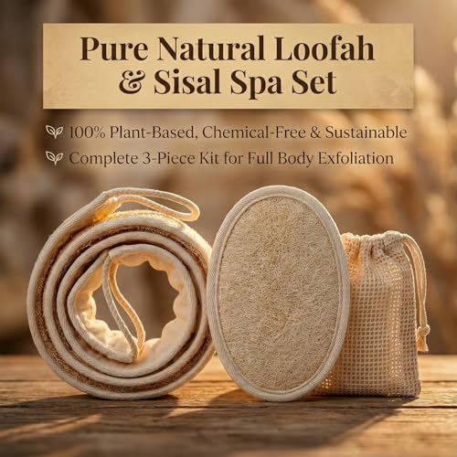 Natural Loofah Back Scrubber for Shower for Men and Women, Exfoliating Loofah Sponge with Soap Saver (1Back+1Pad+1Bag) - size: 2 Count (Pack of 1)