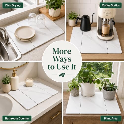 Stone Dish Drying Mat 24" x 16" – Dish Drying Stone Mat – Large Diatomaceous Earth Drying Mat with Non-Slip Base – Quick Dry Kitchen Drying Pad for Dishes, Glassware & Bottles 3 Folded Marbeled White - color: 3 Folded Marbeled White