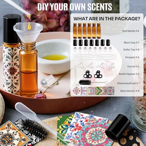 Roller Bottles for Essential Oils Roll On Bottles 6 Pack, 10ml Amber Rollerball Bottle Thick Glass Empty with Oil Perfume Lip Gloss DIY Kits Boho Stickers Leak-Proof Refillable for Travel, Gift - color: Amber, size: 6 Pack