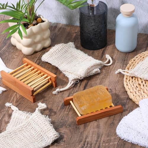 60Pcs Soap Saver Set, Soap Accessories Including Wooden Dish, Exfoliating Bag, Saver Pads Bulk with Self Drain, Bar Holder Mesh Bag for Shower Bath Home Toilet Kitchen Hotel Restaurant