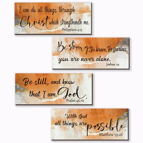 4 Pcs Burnt Orange Bathroom Decor Christian Wall Art Abstract Bible Verse Wall Decor Rustic Inspirational Wood Bathroom Accessories For Bedroom Kitchen Office(10 x 4 Inches, Orange) - color: Orange