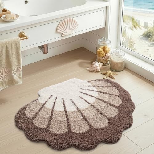 DEXI Seashell Bathroom Rugs Non Slip Washable, 31x24 Ultra Soft Cute Bath Mats for Bathroom Absorbent Quick Dry, Coastal Sea Bathmat for Shower Floor, Tub, Sink, Beige - color: Scallop Beige