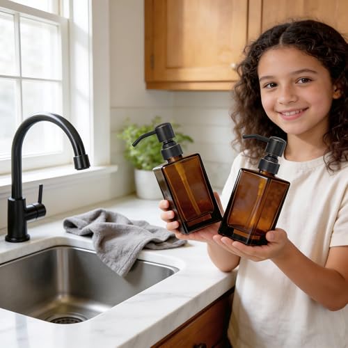 13.5 Oz Coffee Glass Soap Dispenser with Rust Proof Stainless Steel Pump, Antique Design Refillable Square Lotion Dispenser for Bathroom, Premium Kitchen Hand Soap (Oil Rubbed Bronze) - color: Coffee+oil Rubbed Bronze