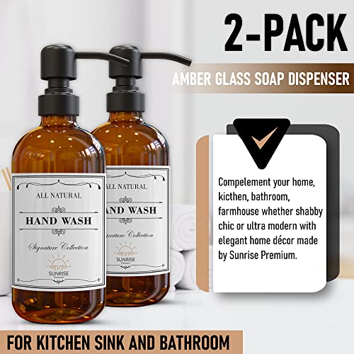 Sunrise Premium 2 Pack Amber Glass Soap Dispenser 16 OZ with Matte Black Stainless Steel Pump, Hand and Dish Soap Dispenser Set for Bathroom and Kitchen Sink with 6 Waterproof Labels - color: Matte Black Ss Pump - Amber Glass