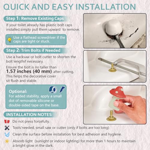 Glow in The Dark Mushroom Toilet Bolt Covers Decorative, Tool-Free Install | PLA Material, Bolt Hole 0.94'',Covers Floor Bolts Screw Caps, with Plastic Backup Floor Bolt Caps & Washers, 2 Pack - style: Red Mushroom