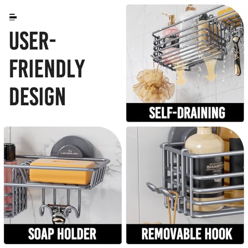 LEVERLOC Suction Cup Shower Caddy, Rustproof Shower Shelves for Inside with Hooks and Soap Holder, 2 Pack No Drill Meatl Bathroom Shower Organizer Grey - color: 2 X Grey