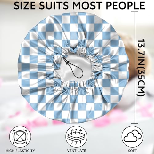 Shower Cap Adjustable Waterproof Double Layer Elastic Reusable Hair Bath Cap Cute Aesthetic for Women Girls-Checkered - color: R1-Checkered