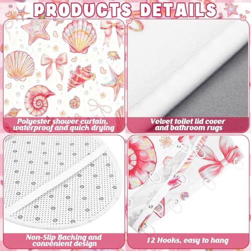 Tatuo 8 Pcs Beach Shower Curtain Set Blue Bow Ocean Summer Beach Party Bathroom Accessories Sets Coquette Starfish Coastal Waterproof Shower Curtain with Towels Carpet Bath Mat Toilet Rugs 12 Hooks - style: Pink Ocean