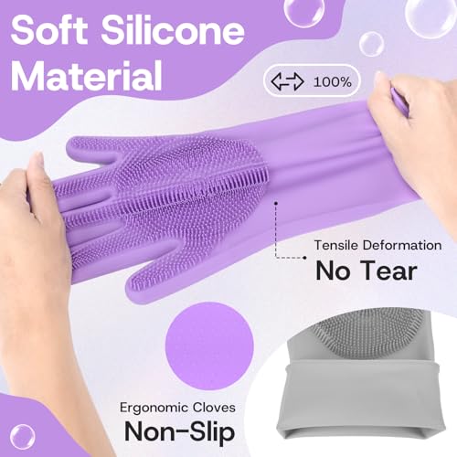 2-Pair Pet Hair Remover Glove for Dogs and Cats Washing, Grooming, & Deshedding – Multipurpose Silicone Dog Bath Gloves, Cat Brush Glove Mitt for Pet Cleaning & Household Use (Purple & Grey) - color: Gray and purple two-tone