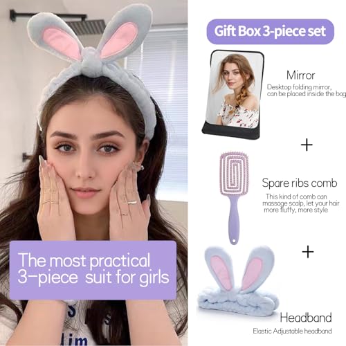 Three-Piece Set: Hair Comb, Mirror, and Face Washing Headband - Ideal forGirls, and Female Students - Includes Detangler Brush and Hair Brushes Desktop Adjustable Folding Mirror (blue)
