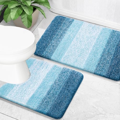 OLANLY Bathroom Rug Set 2 Piece, Soft Absorbent Microfiber Bath Mats and U-Shaped Contour Toilet Rug, Non-Slip, Machine Wash Dry, Plush Shaggy Bath Mats for Bathroom (24"x16"+24"x20", Peacock Blue) - color: Peacock Blue, size: 24" X 16" + U24" X 20"