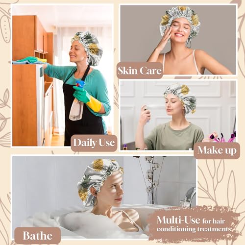 Luxury Shower Cap Adjustable Reusable Double Waterproof Layer Elastic Satin Lined Hair Bath Cap Cute Aesthetic Women Girls (K11-Pineapple) - color: K11-Pineapple