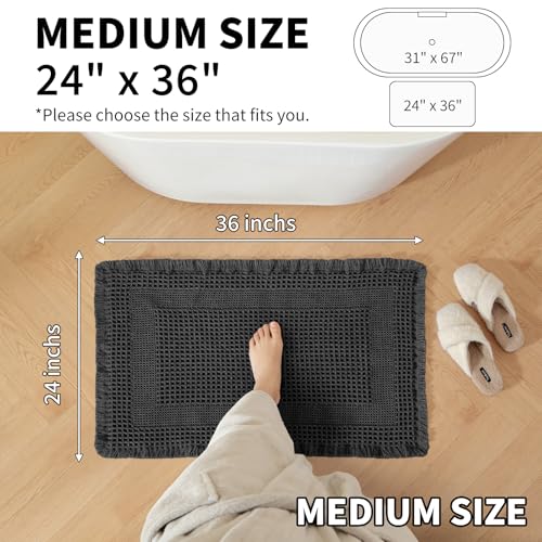 Waffle Bath Mat - Super Water Absorbing Bath Mat Quick Dry, Bathroom Rugs Non Slip Washable with Tassels, Rubber Backed Bathroom Mat for Bathroom Floor, Tub and Shower, 24" x 36", Black - color: Black, size: 24" x 36"
