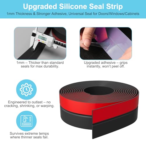 Elvone Weather Stripping Door Seal for Door Frames, 20 Ft x 1 in, Black | Self-adhesive flexible silicone seal tape for door frame gaps and window gaps. block drafts, dust, and noise - color: Black, size: 20ft (1" W x 3/64 "T)