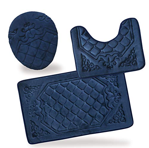All American Collection 3PC Memory Foam Bath Mats Soft Plush Crown Design Anti-Slip Shower Bathroom Contour Toilet Lid Cover Rugs (Navy) - color: Navy