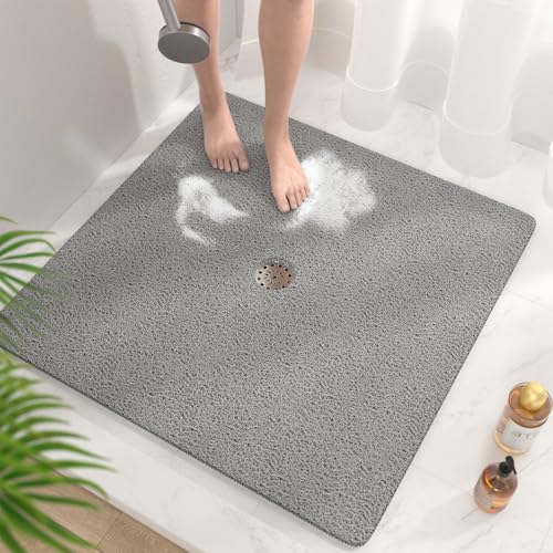 HITSLAM Square Shower Mat, 36 x 36 Inch Non Slip Bath Mat for Tub, Soft PVC Loofah Bathtub Mats with Drain Holes, Quick Drying Bathroom Stall Floor Mat, Bathroom Accessories Without Suction Cup, Grey - color: Grey, size: 36" x 36" (Square)