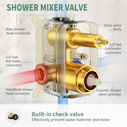 SunCleanse Rainfall Shower System Brushed Gold Ceiling Mounted Shower System Combo Set with High Pressure 12 Inches Square Rain Shower Head Handheld and Shower Faucet Rough-in Mixer Valve and Trim - color: Brushed Gold, style: 12-ceiling