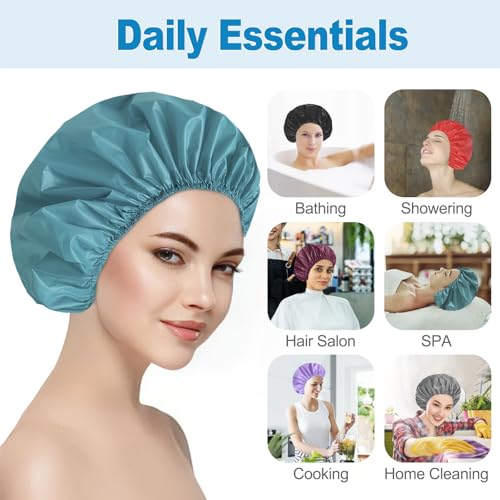 6 PCS Shower Caps for Women, Double Side Waterproof Shower Cap, Reusable Elastic Bath Caps for Shower, EVA Bathing Shower Caps, Bath Hair Caps - Black+Plum+Teal+Red+Lavender+Gray - color: Solid C - (Black+Plum+Teal+Red+Lavender+Gray)