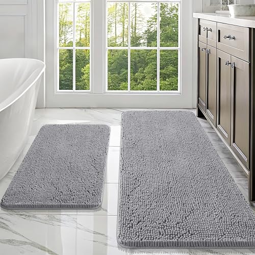 OLANLY Bathroom Rugs Sets 2 Piece, Soft Absorbent Chenille Bath Mats Area Rug Set, Non-Slip, Quick Dry, Machine Washable Bath Mats for Bathroom, Home Decor Accessories (47"x20"+30"x20", Grey) - color: Grey, size: 47" X 20" + 30" X 20"