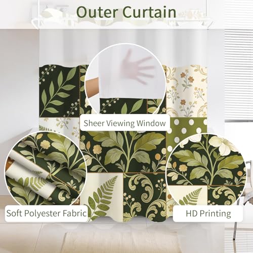 Boho Floral No Hook Shower Curtain with Snap in Liner Set 71x74 in | Vintage Green Patchwork Flower Retro Decorative Shower Curtain for College Dorm Hotel Apartment Bathroom Bathtub - color: Lily Patchwork