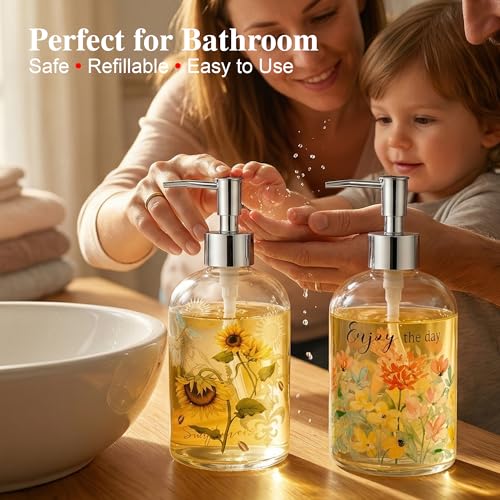 Topadorn Set of 2 Glass Soap Dispensers 17oz, Refillable Clear Liquid Soap Bottles, Sunflower and Floral Bathroom Kitchen Countertop Decor - color: Pink and Yellow