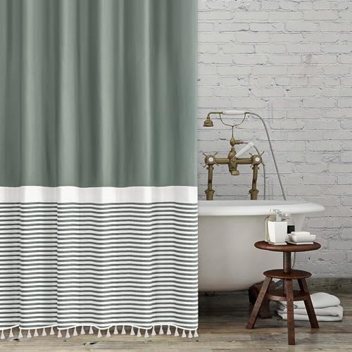 Seasonwood Shower Curtain with White Tassels Modern Farmhouse White Striped Sage Green Shower Curtains for Bathroom 72 x 72 inch Waterproof Fabric Shower Curtain Set - color: Green, size: 72"W x 72"L (Pack of 1)