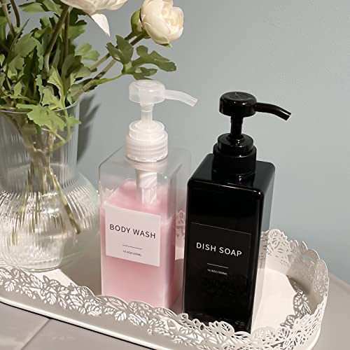 Soap Dispenser with Waterproof Labels, Thickened Plastic Hand Soap Dispenser for Bathroom, Kitchen Dish Washing Liquid Bottles, Shampoo and Conditioner Bottles with Funnel (16oz 4Pack Black Clear) - color: 2 Black + 2 Clear