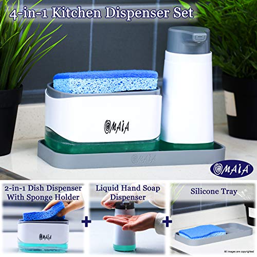 OMAIA 4-in-1 Dish Soap Dispenser Set with Sponge Holder and Liquid Hand Soap Dispenser and Silicone Tray - Countertop Organizer - Useful Kitchen Gadgets